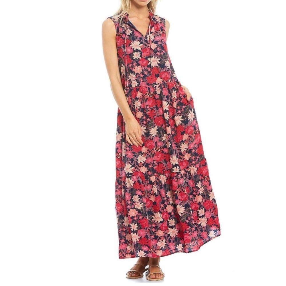 Sugarlips floral a-line tiered maxi dress sleeveless v-neck navy pink size XL